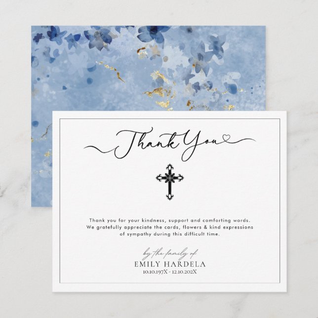 Carte de remerciements funéraire bleu doré (Devant / Derrière)