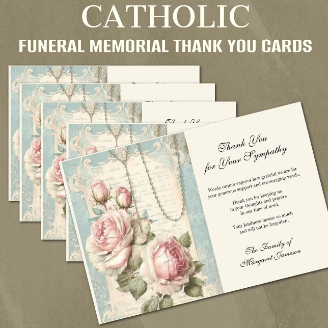 Carte De Remerciements Funéraire catholique Rosaire et Rose (Traditional Catholic Funeral Memorial Cards with the Holy Rosary and Roses)