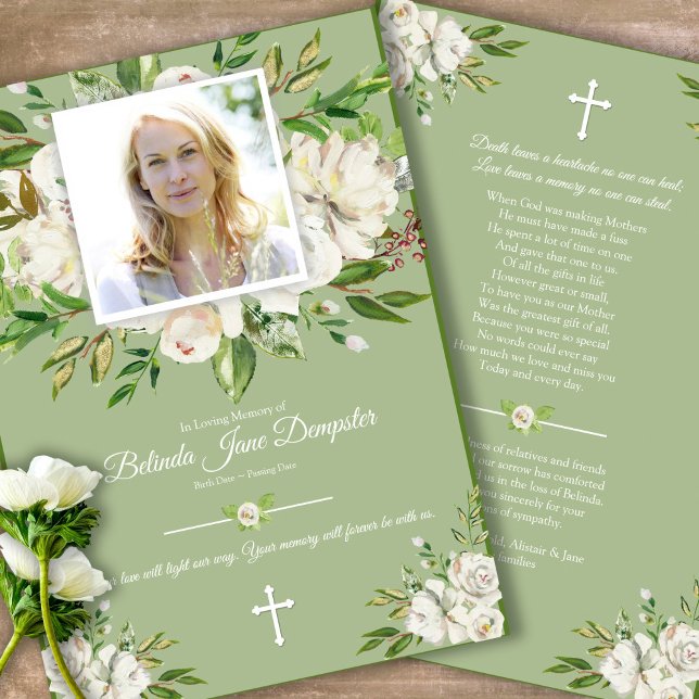 Carte de remerciements funéraire de la Croix Rose  (Sympathy floral Celebration of Life, In Loving Memory, Forever in our Hearts Funeral thank you cards)