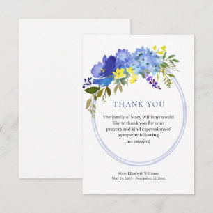 Carte de remerciements funéraire floral bleu Aquar