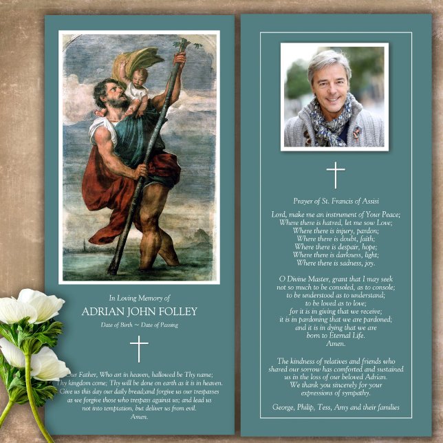 Carte de remerciements funéraire Memorial St Chris (Catholic, Religious, Celebration of Life, In Loving Memory of, Forever in our hearts, funeral cards)