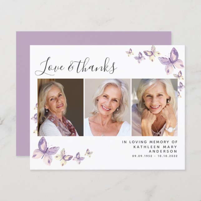 Carte de remerciements funéraire photo papillon bu (Devant / Derrière)