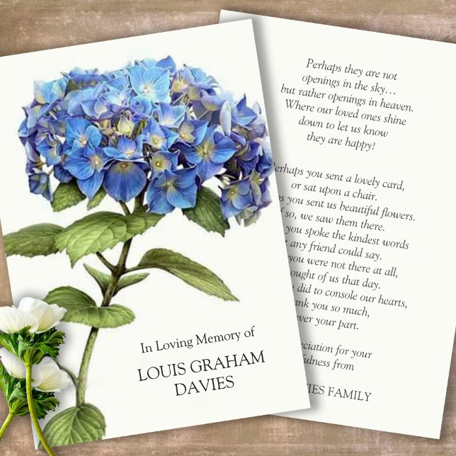 Carte de remerciements funéraire Sympathy Blue Hyd (Sympathy floral Celebration of Life, In Loving Memory, Forever in our Hearts Funeral thank you cards)