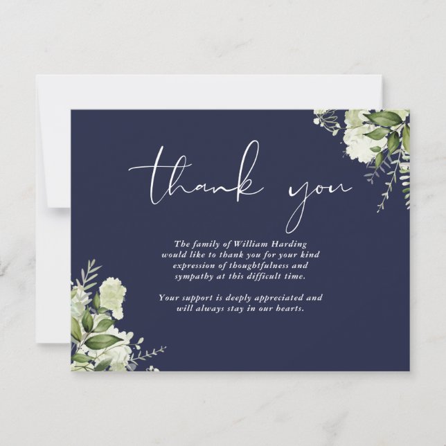 Carte De Remerciements Funeral Celebration Of Life Greenery Navy Blue (Devant)