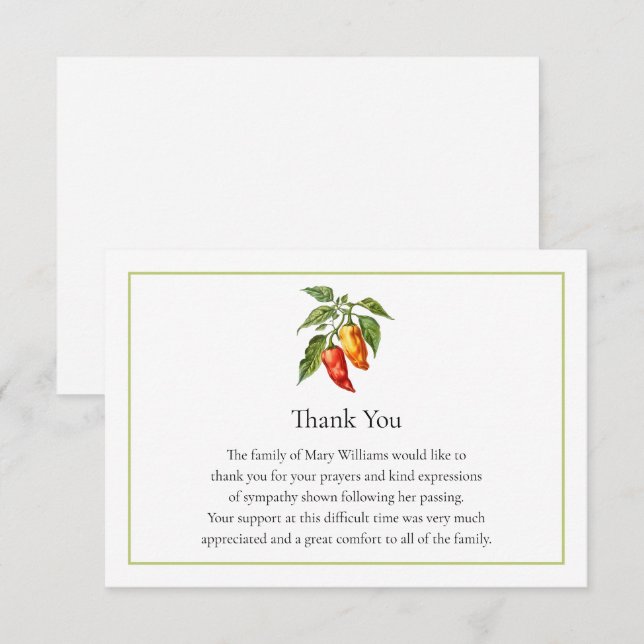 Carte De Remerciements Funeral Memorial Chili Pepper Thank You Note Card (Devant / Derrière)