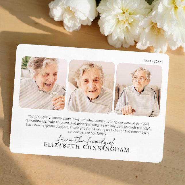 Carte De Remerciements Funeral Memorial Modern Simple 3 Photos (Créateur téléchargé)