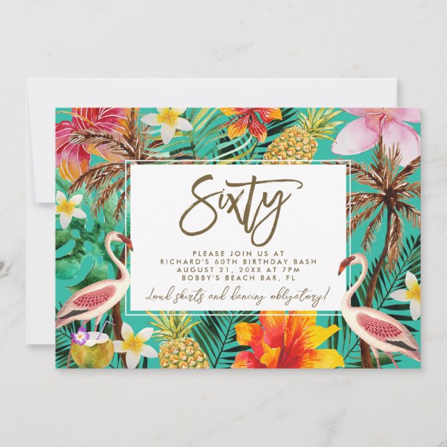 Carte De Remerciements funky flamingo tropical 60e anniversaire invitatio (Devant)