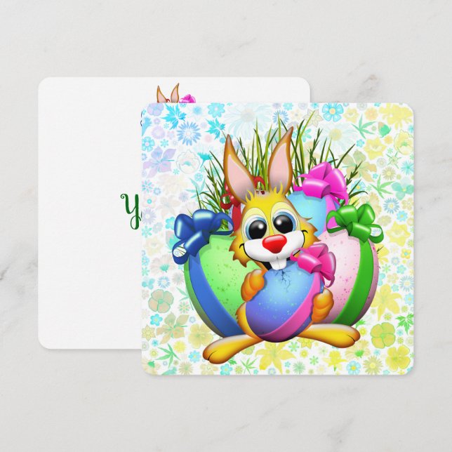 Carte De Remerciements Funny Bunny biting an Easter Egg (Devant / Derrière)