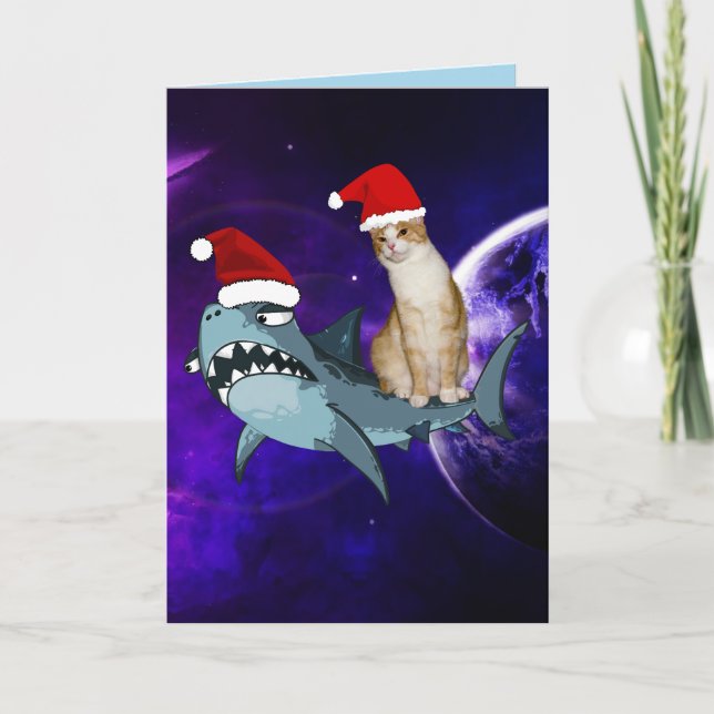 CARTE DE REMERCIEMENTS FUNNY CHRISTMAS SPACE CAT & SHARK GREETING CARD (Devant)
