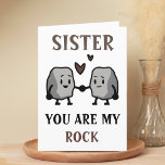 Carte De Remerciements Funny Rock Pun Joke Humour Soeur Joyeux Anniversai<br><div class="desc">Drôle joyeux carte d'anniversaire pour soeurs rock solide! Design dispose de deux rochers mignons tenant la main avec le message "Soeur,  tu es mon rocher. Je ne vous prendrai jamais pour du granit !" Texte Brown et noir. Customisez-le et ajoutez votre propre message personnel.</div>