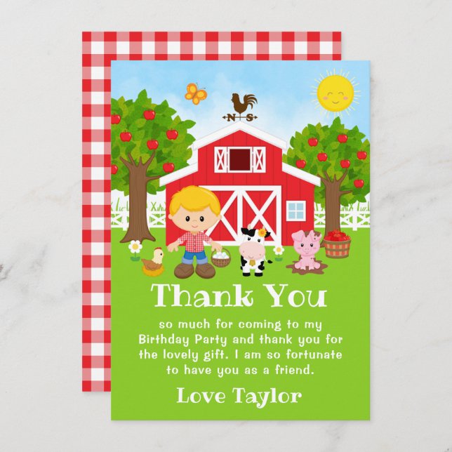 Carte De Remerciements Garçon aux cheveux blonds pour anniversaire rouge  (Devant / Derrière)