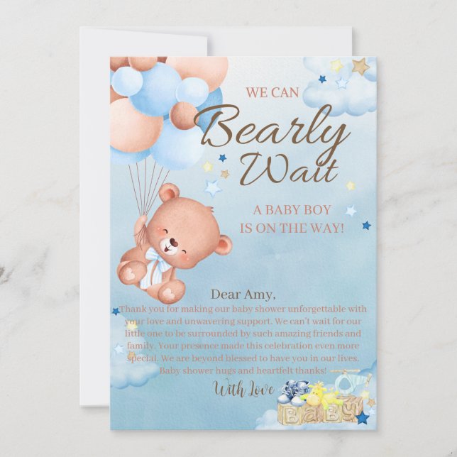 Carte De Remerciements Garçon Baby shower ours (Devant)