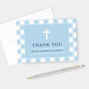 Carte De Remerciements Garçon de première communion à carreaux Gingham bl