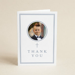 Carte De Remerciements Garçon Photo Première Communion Bleu Poussiéreux