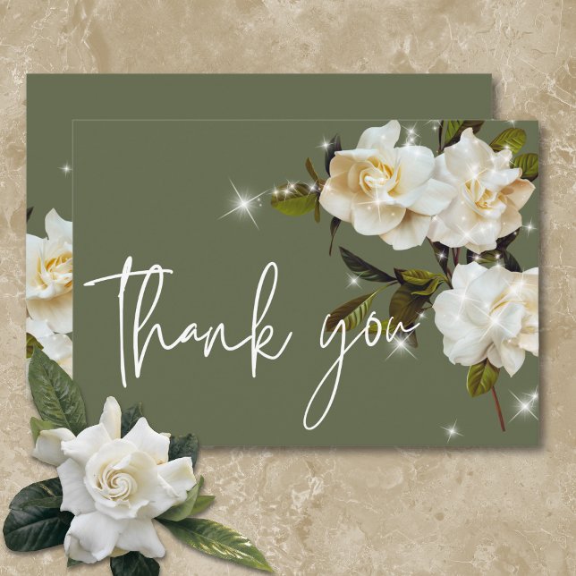 Carte De Remerciements Gardenias blanches modernes sur Sage Sparkle Maria (Modern White Gardenias on Sage Sparkle Wedding Thank You Card)