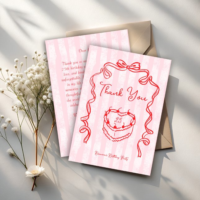 Carte De Remerciements Gâteau cerise rose noeud coquet fête d'anniversair (Cherry cake pink coquette handrawn sketch bow birthday party thank you cards)