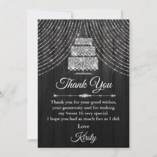 Carte De Remerciements Gâteau de Sweet 16 diamant noir argenté