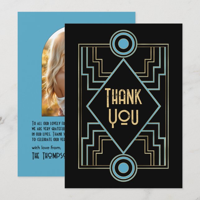 Carte De Remerciements Gatsby-Inspired Art Deco Blue & Gold Wedding Photo (Devant / Derrière)