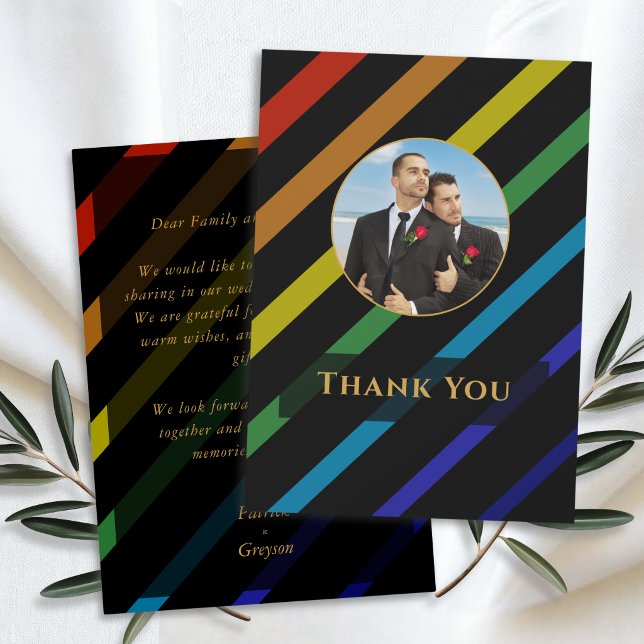 Carte De Remerciements Gay Men Wedding Elegant Rainbow Photo (Créateur téléchargé)
