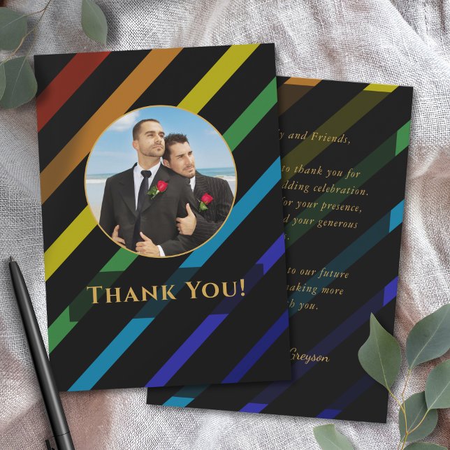 Carte De Remerciements Gay Men Wedding Elegant Rainbow Photo (Créateur téléchargé)