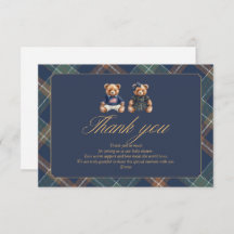 Gender Reveal Thank You Card Navy Plaid Teddy Bear