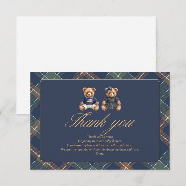 Carte De Remerciements Gender Reveal Thank You Card Navy Plaid Teddy Bear (Devant / Derrière)