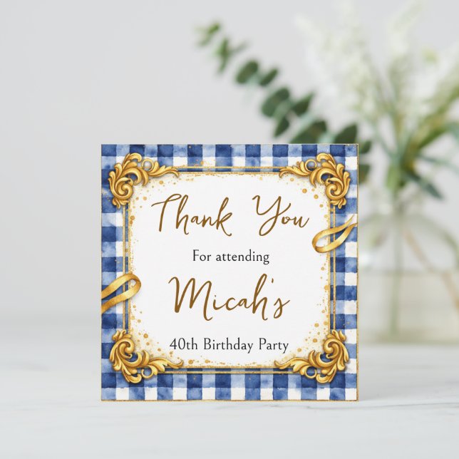 Carte De Remerciements Gingham Or Bleu Blanc Luxe Moderne Tendance Chic (Debout devant)