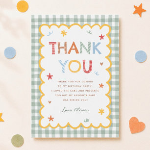 Carte De Remerciements Gingham Vert Coloré 1er Anniversaire