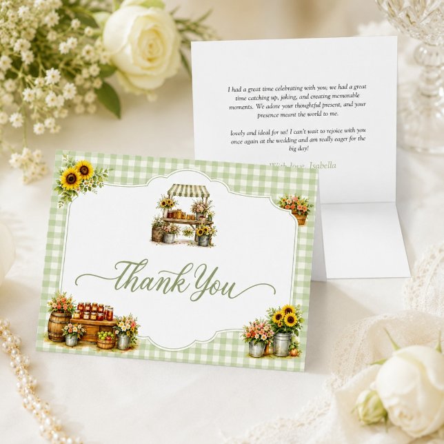 Carte De Remerciements Gingham Vert Rustique Elle est fraîche sur le marc (Rustic Green Gingham She's Fresh Off The Market Letterpress Thank You Card)