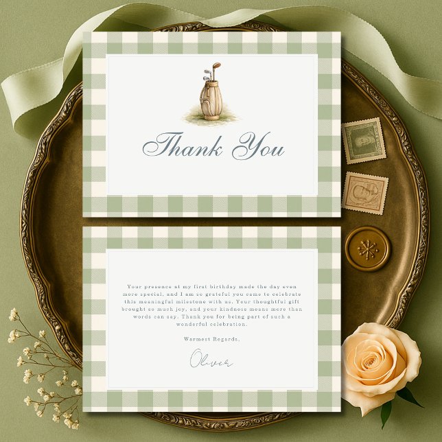 Carte De Remerciements Gingham Vert Sauge Golf Premier Anniversaire (Créateur téléchargé)