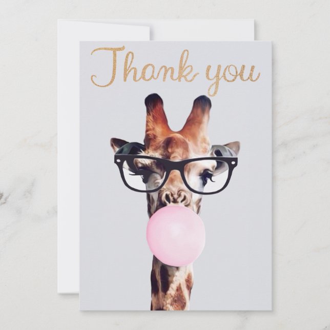 Carte De Remerciements Girafe Portant des lunettes soufflant rose bulle g (Devant)