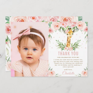 Carte De Remerciements Giraffe Jungle Blush Floral 1er anniversaire Photo
