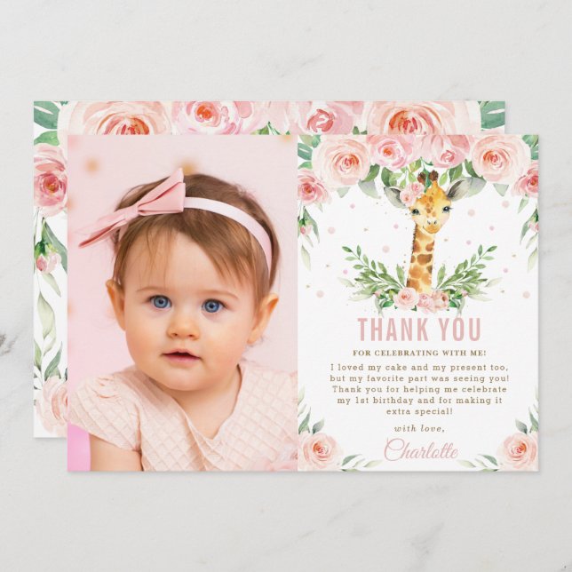 Carte De Remerciements Giraffe Jungle Blush Floral 1er anniversaire Photo (Devant / Derrière)