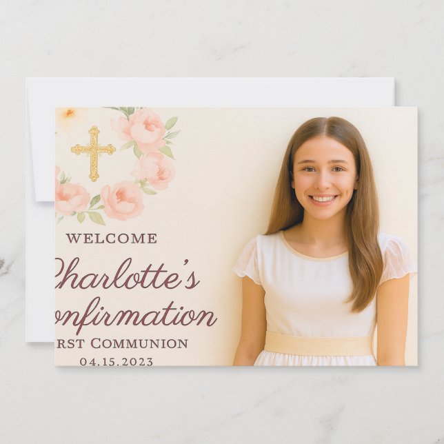 Carte De Remerciements Girl photo cream beige bow cross Confirmation (Devant)