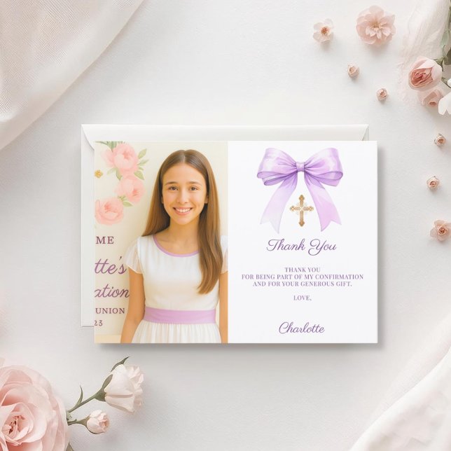Carte De Remerciements Girl photo lavender bow Confirmation (Créateur téléchargé)