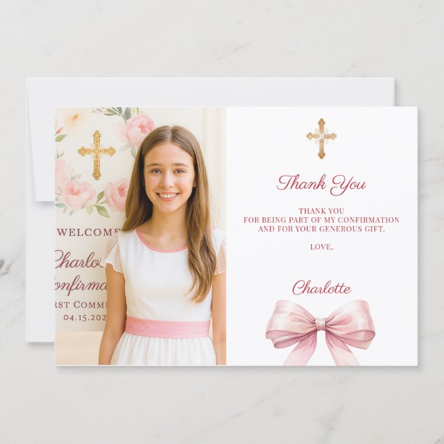 Carte De Remerciements Girl photo pink bow Confirmation (Devant)