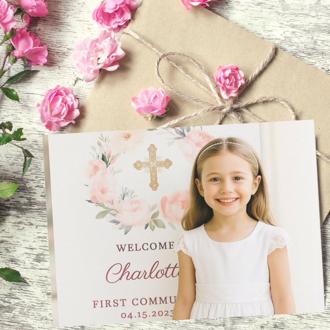 Carte De Remerciements Girl photo pink bow cross First Communion  (Créateur téléchargé)