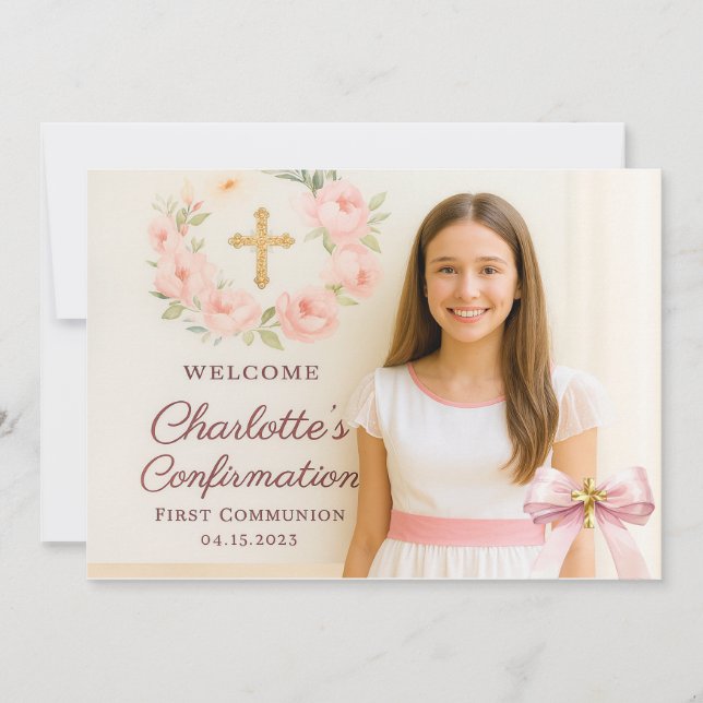 Carte De Remerciements Girl photo pink bow cross First Holy Communion (Devant)