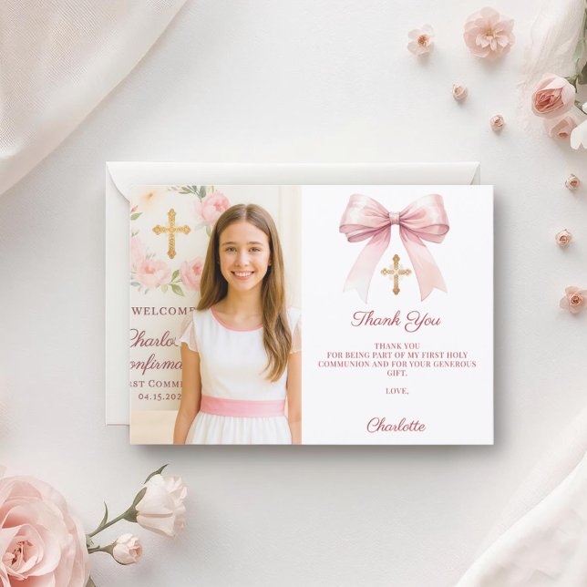 Carte De Remerciements Girl photo pink bow First Holy Communion (Créateur téléchargé)