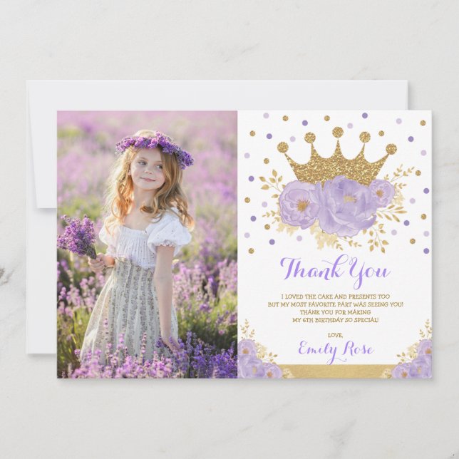 Carte De Remerciements Girl Purple Gold Princess Crown Photo Anniversaire (Devant)