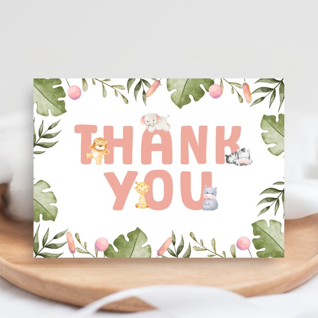 Carte De Remerciements Girl Safari Animal Baby Shower  (Safari Jungle Animals Baby Shower Thank you Card)