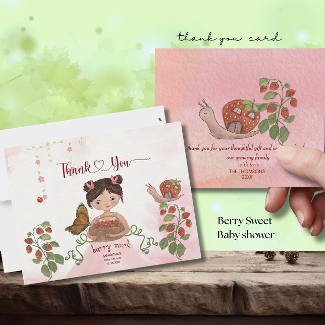 Carte De Remerciements Girl & Strawberry 'Berry Sweet' Baby Shower  Thank (Girl & Strawberry 'Berry Sweet' Baby Shower Thank Thank You Card)