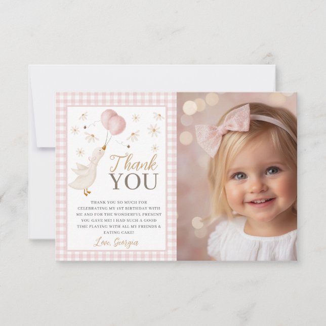 Carte De Remerciements Girls 1st Birthday Silly Goose Pink Photo (Devant)