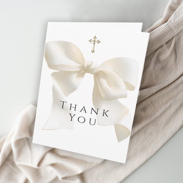Carte De Remerciements Girl's First Communion Neutral Ivory Bow Thank You (Créateur téléchargé)