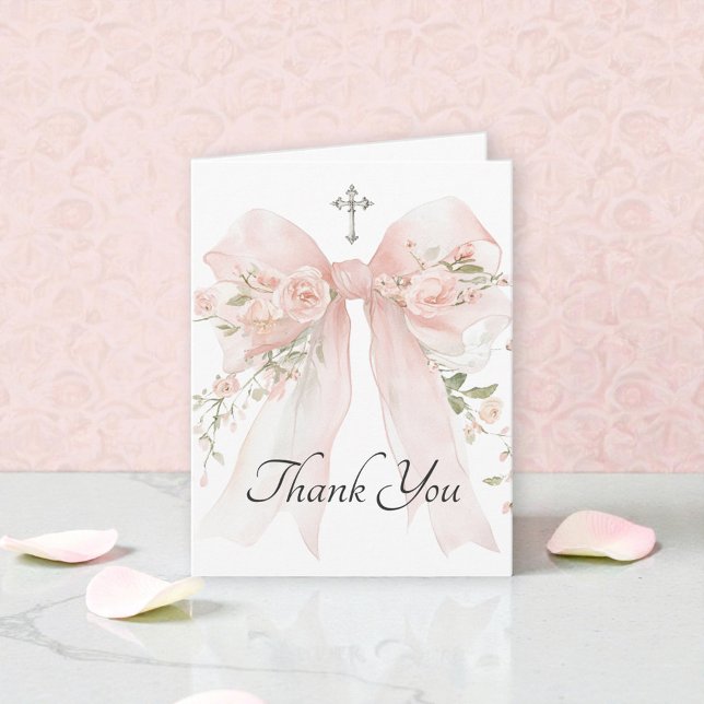 Carte De Remerciements Girl's First Communion Pink Floral Bow (Créateur téléchargé)