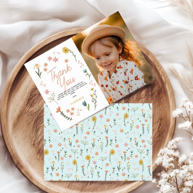 Carte De Remerciements Girls Two Wild Boho Wildflower Birthday Photo (Créateur téléchargé)