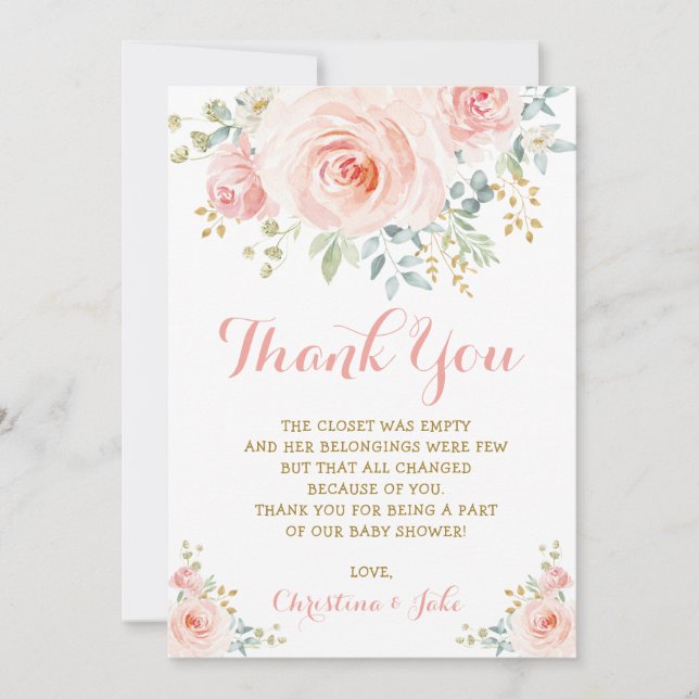 Carte De Remerciements Girly rougissent l'or rose le baby shower que (Devant)