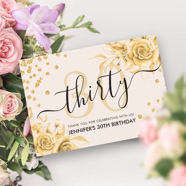 Carte De Remerciements Glam Gold Floral Parties scintillant 30e Anniversa (Glam Gold Floral Glitter 30th Birthday Script Thank You Card)