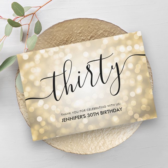 Carte De Remerciements Glam Gold Parties scintillant Lumières 30e anniver (Glam Gold Glitter Lights 30th Birthday Thank You)
