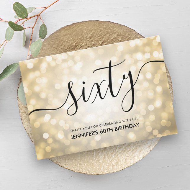 Carte De Remerciements Glam Gold Parties scintillant Lumières 60e anniver (Glam Gold Glitter Lights 60th Birthday Thank You)